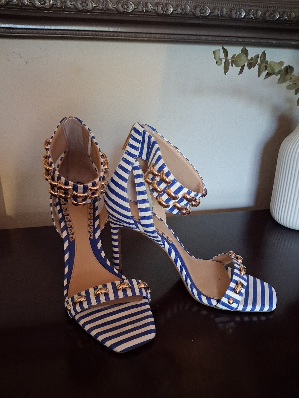 Striped Ankle-Strap High Heel Sandals in Blue and Cream